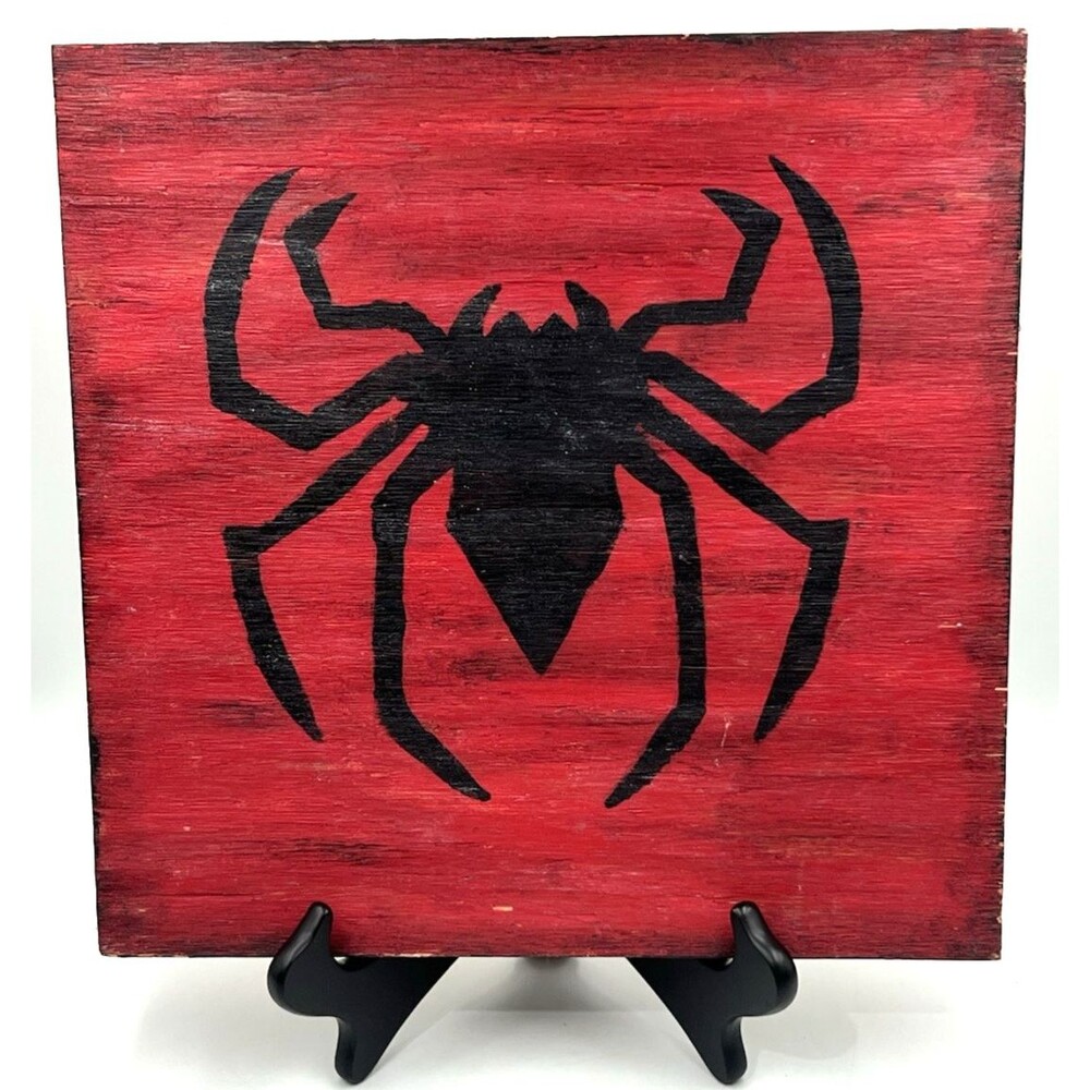 Spider-Man Art Hand Painted Wood Board Signed M Keely 2015 Marvel Wall Decor 12"
